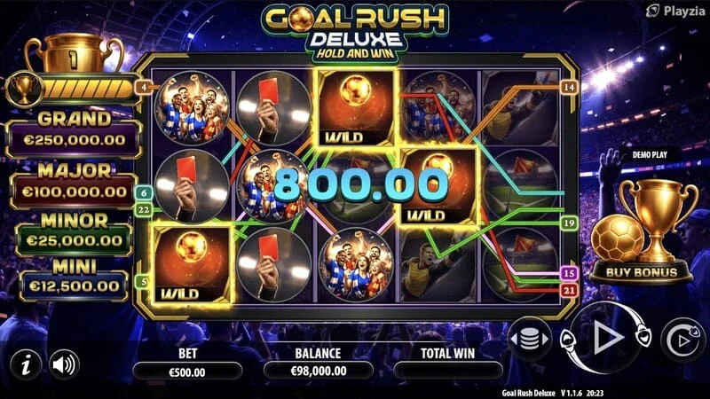 Goal Rush Deluxe - temel oyun, kazanan bir hattın gelmesi